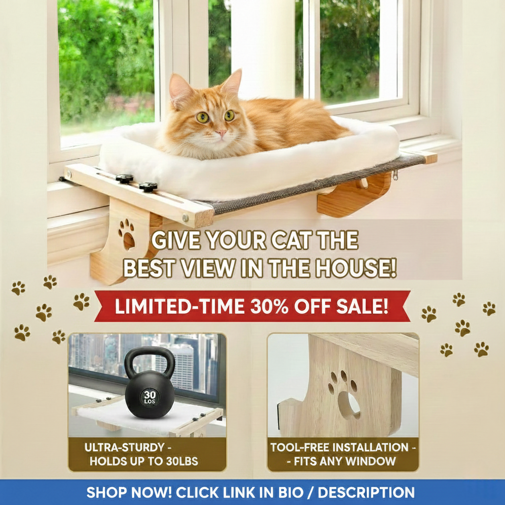 ✨ EliteView™️ - No-Drill Wooden Cat Window Perch - A magical throne for his daily kingdom watch.