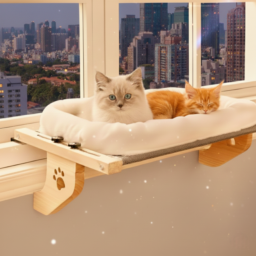 ✨ EliteView™️ - No-Drill Wooden Cat Window Perch - Heavy Duty Clamp-on Sill Shelf for Large Cats