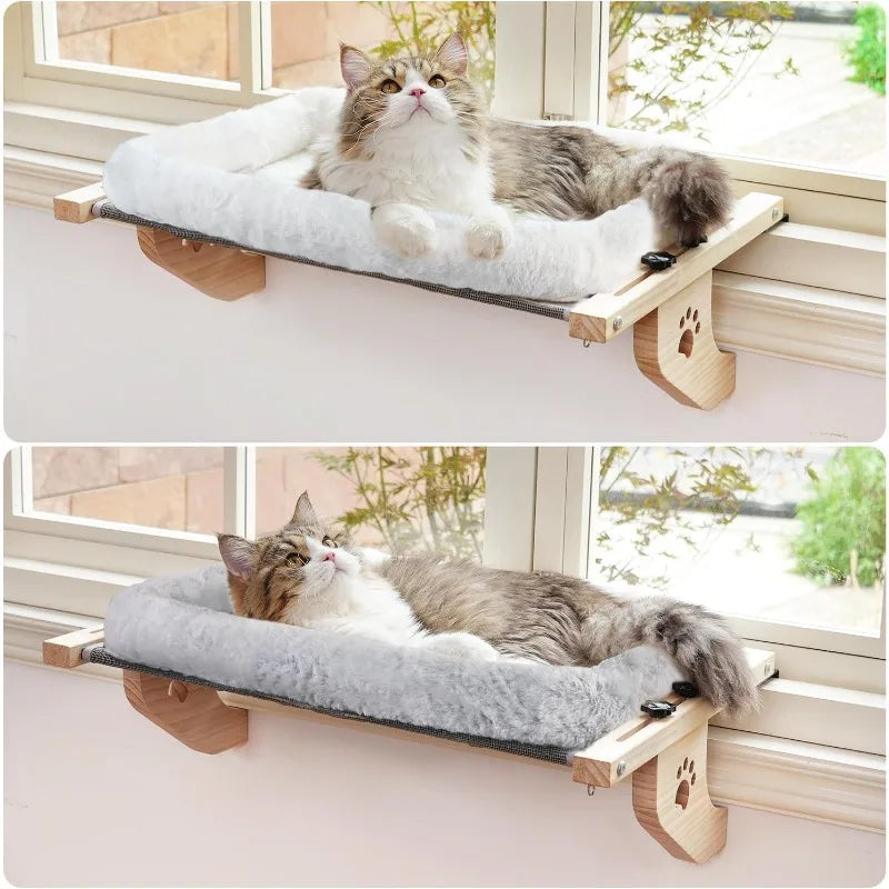 ✨ EliteView™️ - No-Drill Wooden Cat Window Perch - Heavy Duty Clamp-on Sill Shelf for Large Cats