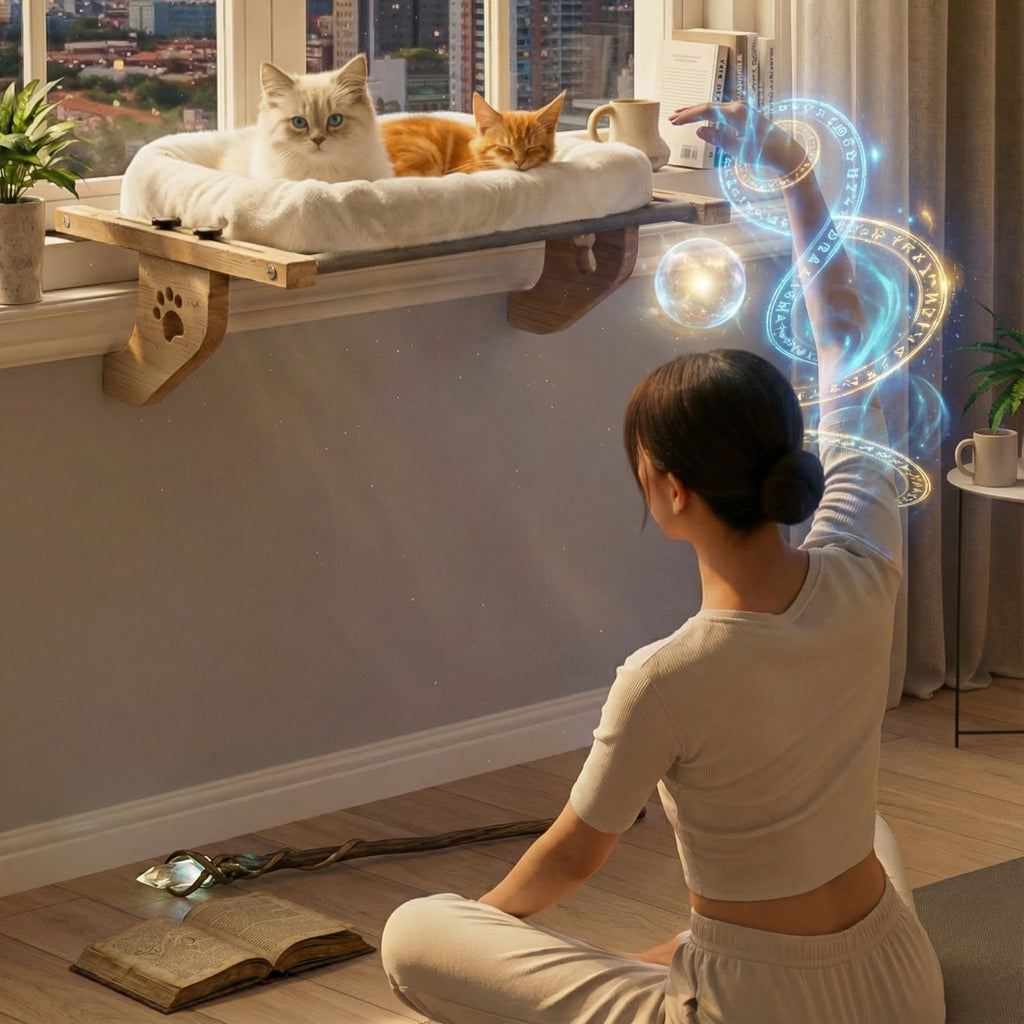 ✨ EliteView™️ - No-Drill Wooden Cat Window Perch - A magical throne for his daily kingdom watch.