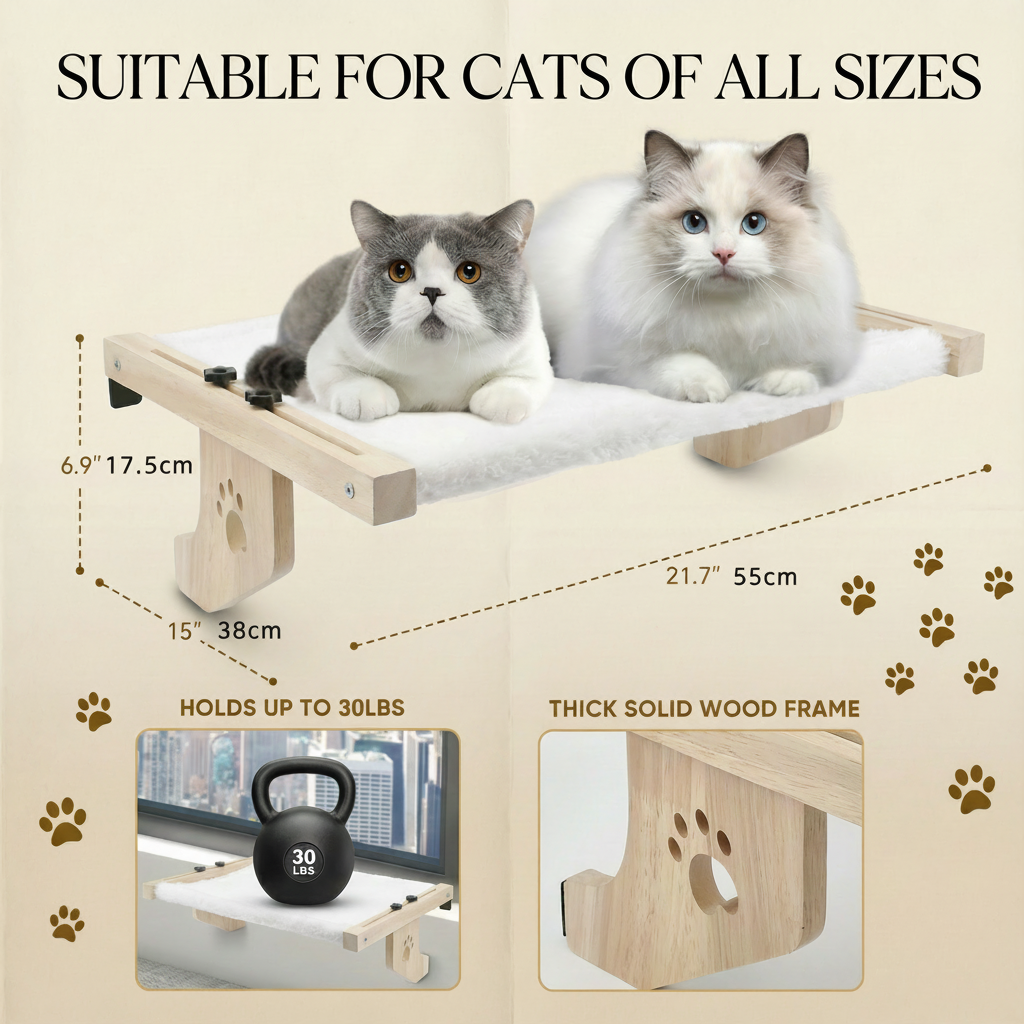 ✨ EliteView™️ - No-Drill Wooden Cat Window Perch - A magical throne for his daily kingdom watch.